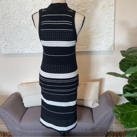 MOTH Midi Knit Dress Velda Asymmetric Stripe Mock Neck Black White Cutaway Wrap - Picture 3 of 9